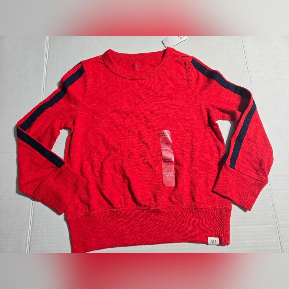 GAP Boys' Long Sleeve Striped Tee T-Shirt Red Blue XS 4/5‎ NWT - Picture 2 of 5